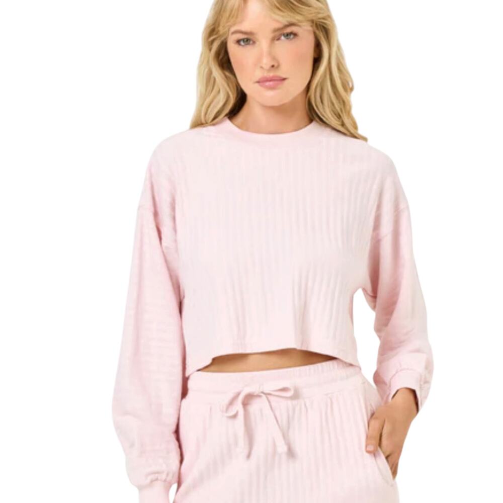 NWOT L*Space PINK Half Court Ribbed Long Sleeve Cropped Pullover Top Size Medium